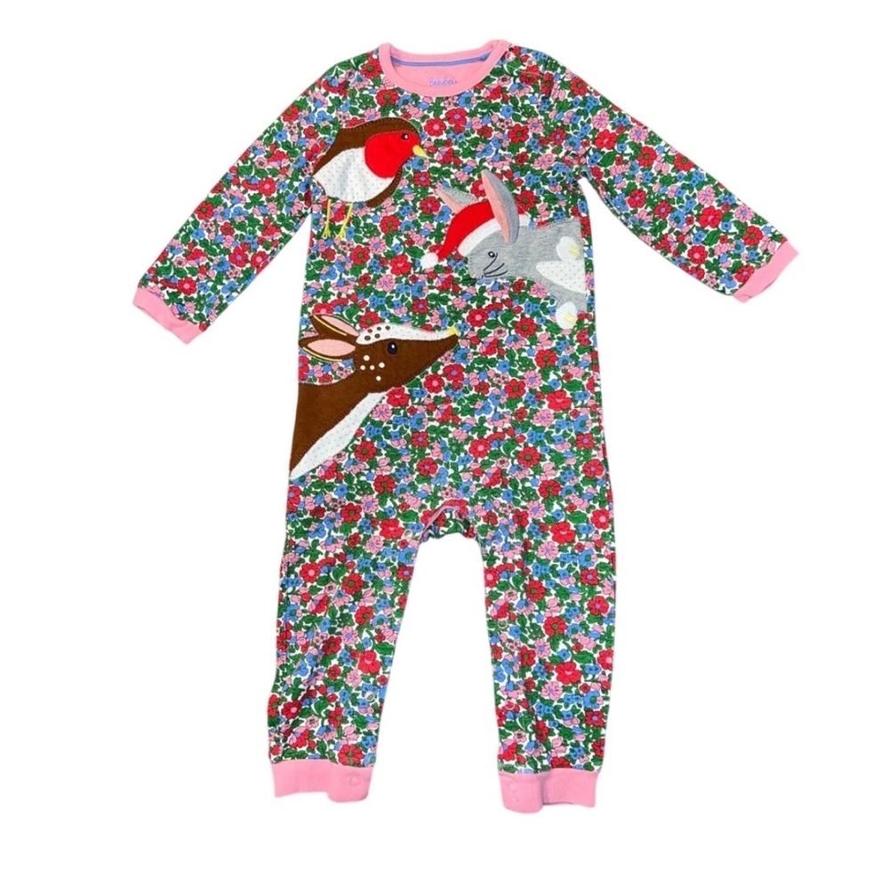 Baby Boden Pink Floral Footed One-Piece with Deer, Rabbit & Robin Appliqués